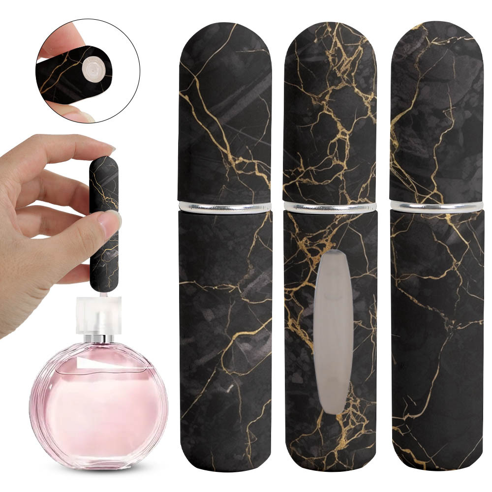 V888-ELOSUNG36490-202509220947-00 Black Chic Marble Travel Perfume Atomizer Set (3-Pack) - 5ml Leakproof Bottom-Fill Spray Bottles - Image 1