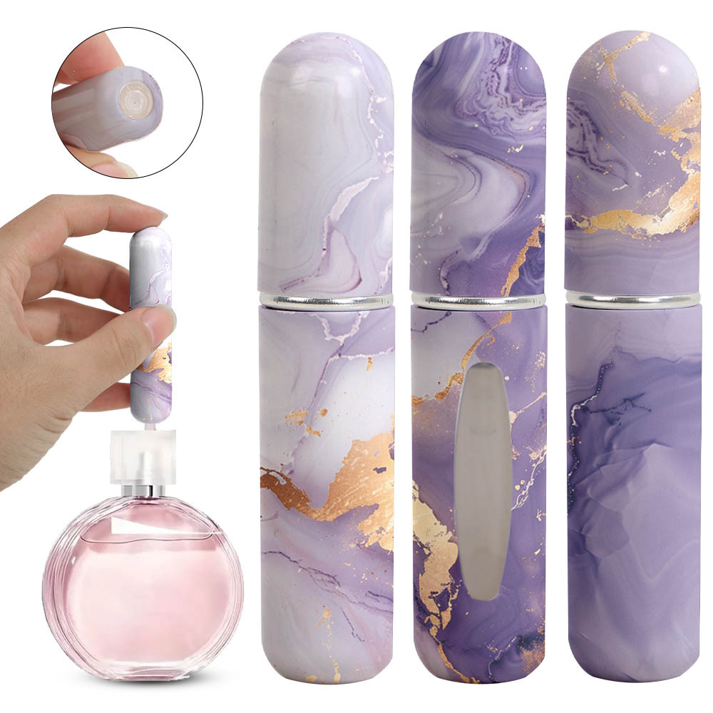 V888-ELOSUNG36491-202509220950-00 Purple Chic Marble Travel Perfume Atomizer Set (3-Pack) - 5ml Leakproof Bottom-Fill Spray Bottles - Image 1