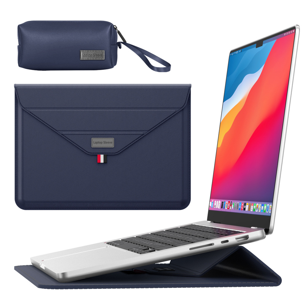 V888-ELOSUNG37016-202509091722-00 3-in-1 PU Leather Laptop Sleeve with Stand & Mouse Pad + Accessory Pouch(Dark Blue) - Image 1