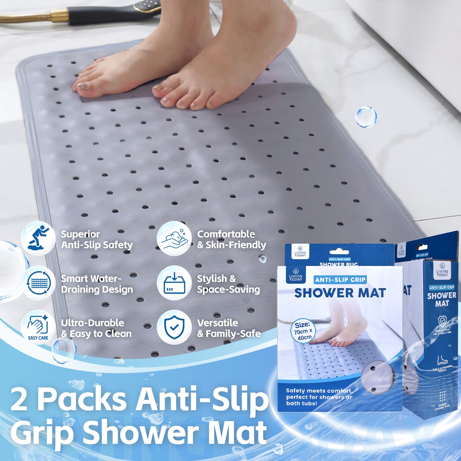 V915-HB0003-202509250845-00 2Pack 70×40 cm Anti‑Slip Grip Shower Mat Quick‑Dry Bath Mat with 100+ Suction Cups - Image 1