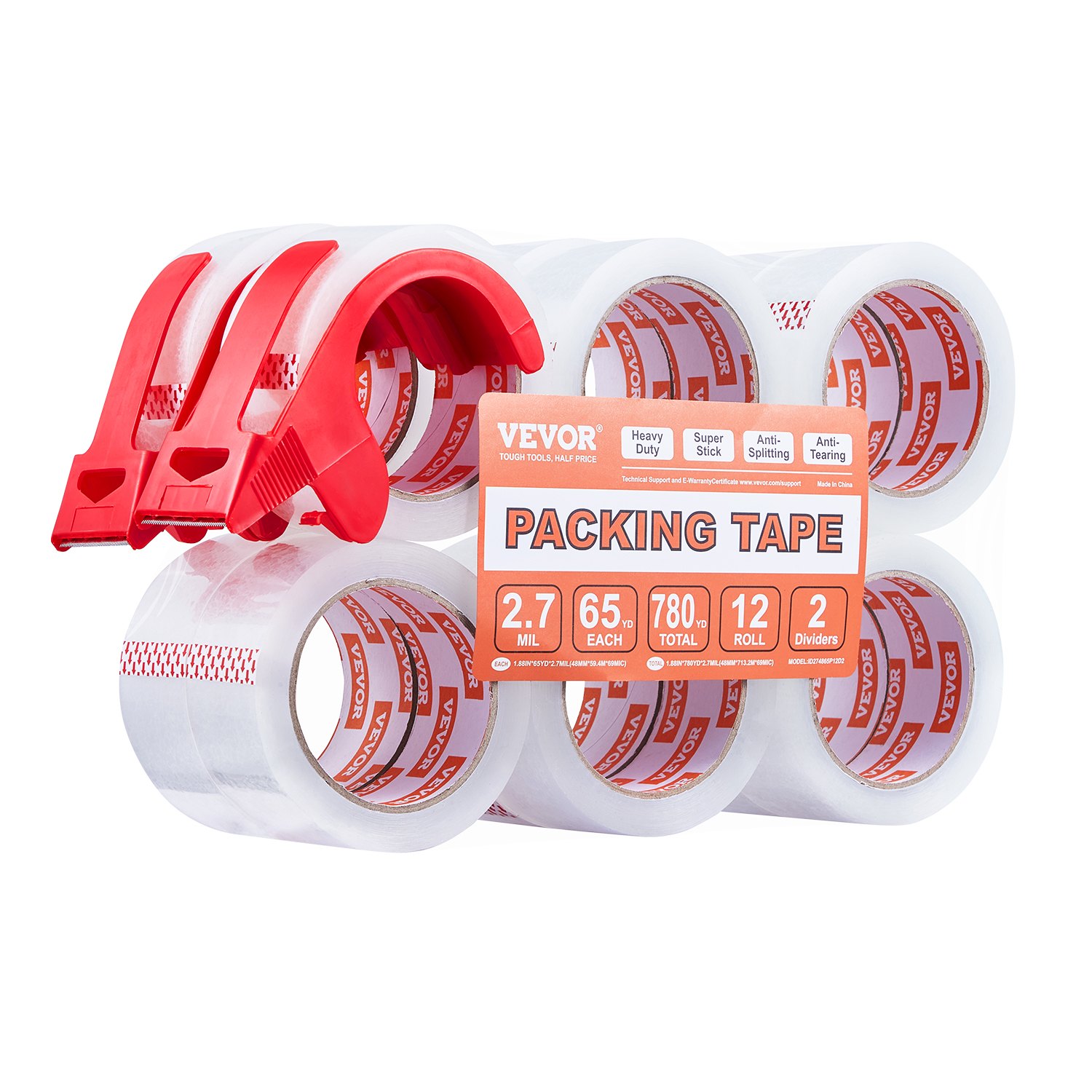 V952-3YCXFXJDTM12C3NXXV0-202508020022-00 VEVOR Packing Tape 12 Rolls 65 Yards Clear Shipping Tape with Dispenser 2.7 Mil - Image 1