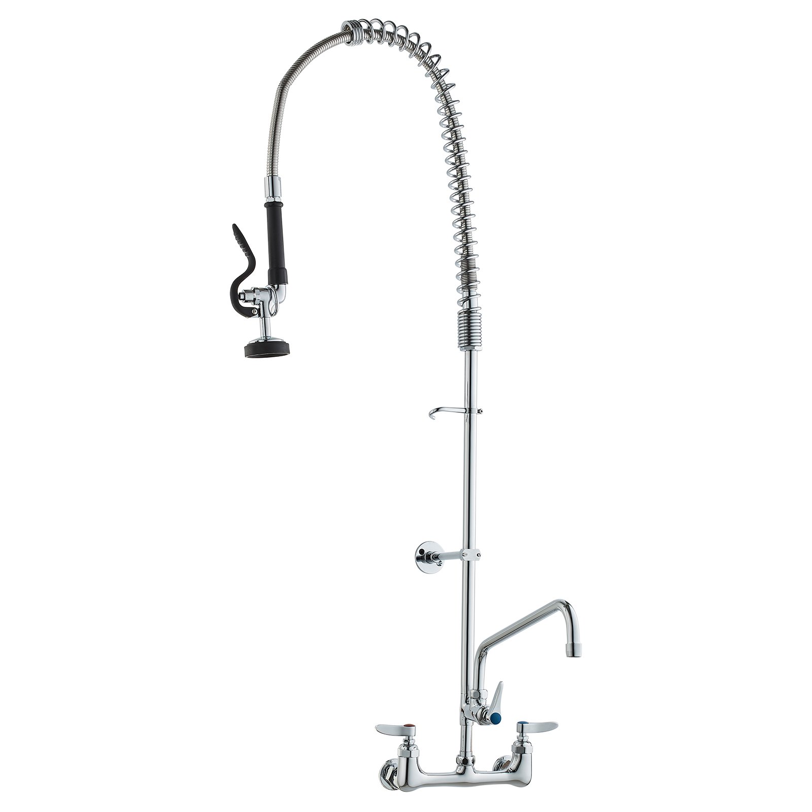 V952-BGSYCXSLTBGS6DRW9V0-202507141543-00 VEVOR Commercial Faucet with Pre-Rinse Sprayer, 47" Height, 8" Center, 12" Swing Spout, Wall Mount Kitchen Sink Faucet, Brass Constructed Device with Pull Down Spray, for 1/2/3 Compartment Sink - Image 1