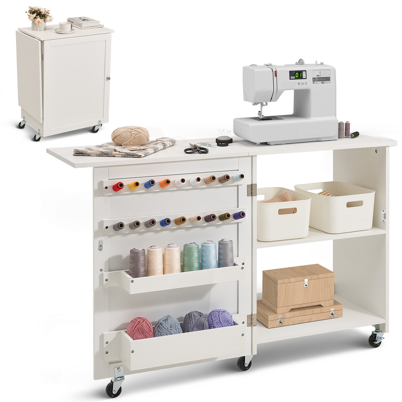 V952-FRZJYXXKZDBHL2LV9V0-202507141810-00 VEVOR Folding Sewing Table with Lockable Wheels Storage Shelves Trays Door White - Image 1