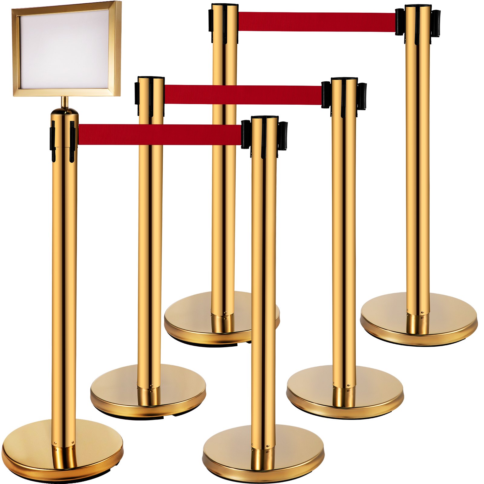 V952-GLZ-CBTZ-JS-6JT01V0-202507141645-00 VEVOR Stanchion Post Barriers 6-Set Line Dividers, Stainless Steel Stanchions with 6.6 Red Retractable Belts, Stanchions with One Sign Frame, 34.6 Queue Safety Stanchions (Gold) - Image 1
