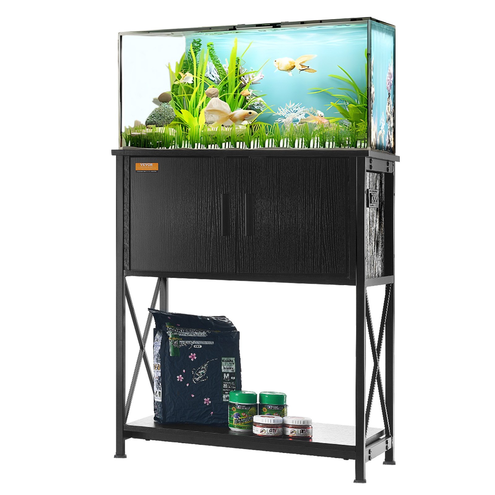 V952-GMZSZXZJMBXGS21QGV3-202507141205-00 VEVOR Aquarium Stand, 20 Gallon Fish Tank Stand, 25.6 x 16.5 x 31.9 in Steel and MDF Turtle Tank Stand, 167.6 lbs Load Capacity, Reptile Tank Stand with Storage Cabinet and Embedded Power Panel, Black - Image 1