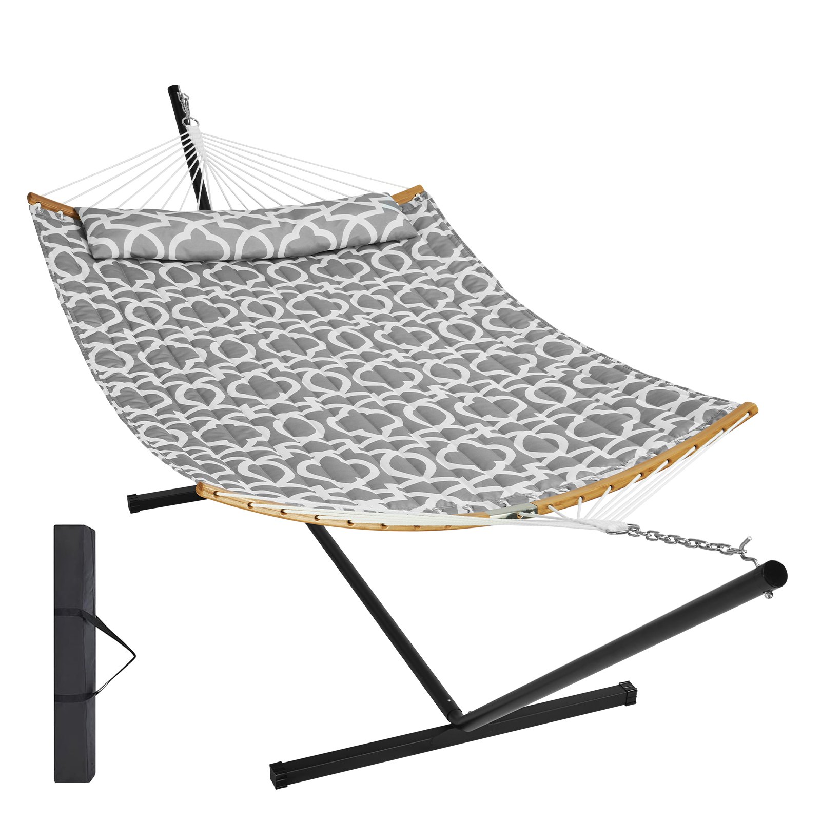 V952-HFDCHBSXHWTXFST1WV0-202507141540-00 VEVOR Two Person Hammock with Stand Included, Double Hammock with Curved Spreader Bar and Detachable Pillow and Portable Carrying Bag, Perfect for Outdoor Freestanding Hammock, 480lb Capacity - Image 1