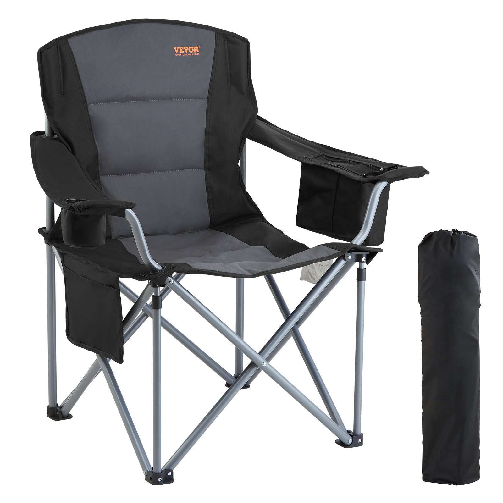 V952-HWZDYCY450LBSFODNV0-202507141504-00 VEVOR Camping Folding Chair for Adults, Portable Heavy Duty Outdoor Quad Lumbar Back Padded Arm Chairs with Side Pockets, Cup Holder and Cooler Bag for Beach, Lawn, Picnic, Fishing, Backpacking, Black - Image 1
