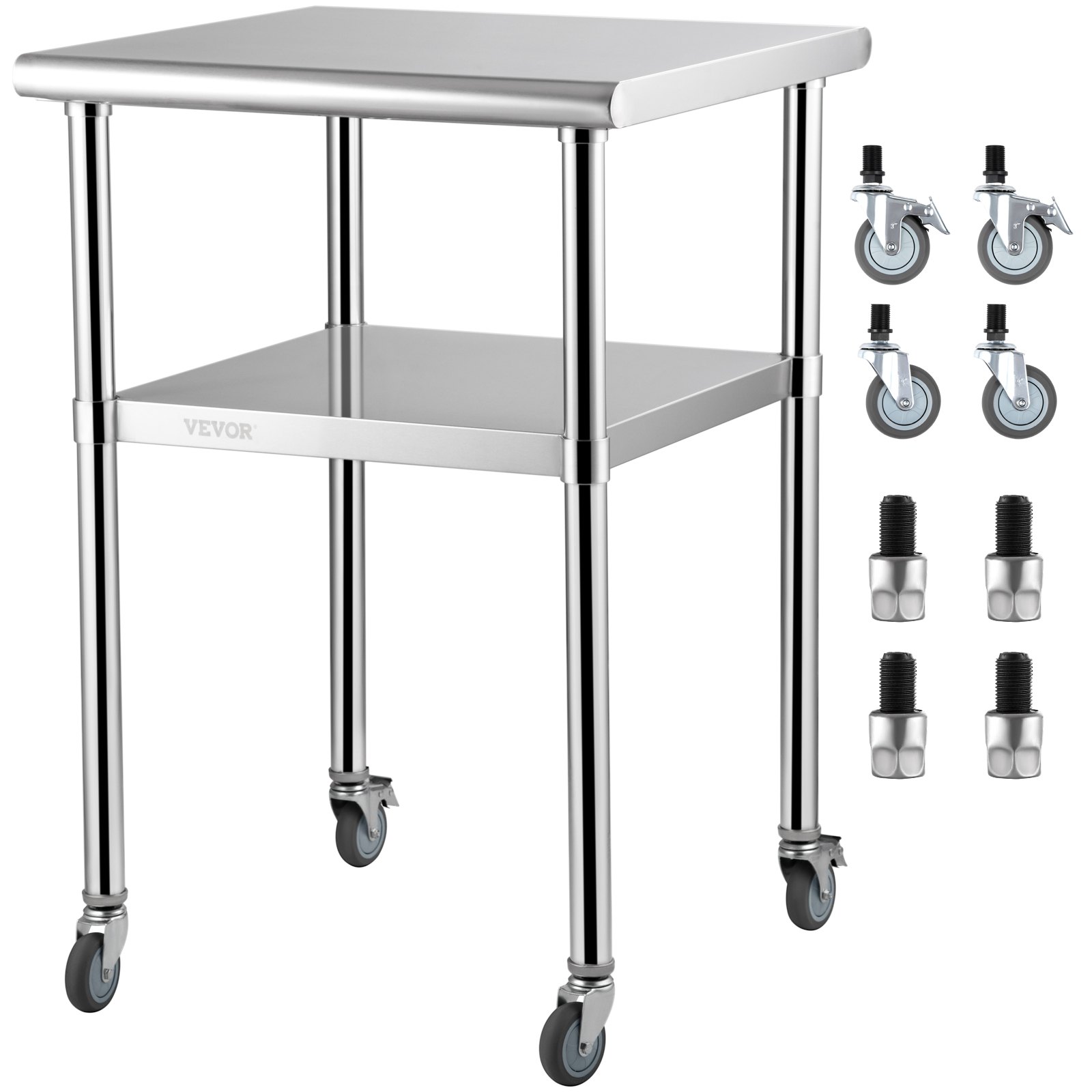 V952-J24X24X36INCHBGUAV0-202507141337-00 VEVOR Stainless Steel Prep Table, 61 x 61 x 91.4 cm, 600lbs Load Capacity Heavy Duty Metal Worktable with Adjustable Undershelf & Universal Wheels, Commercial Workstation for Kitchen Garage Backyard - Image 1