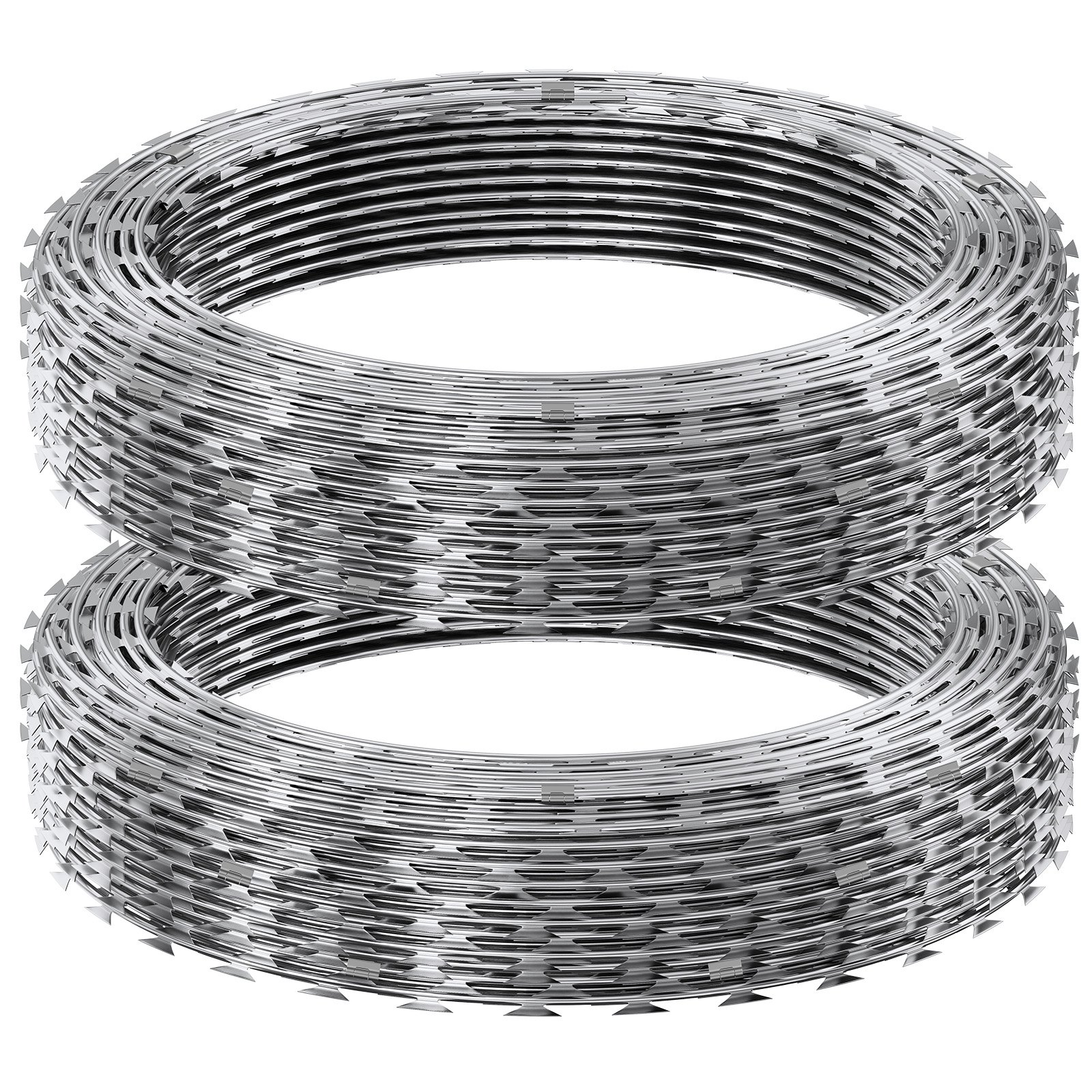 V952-JSSWDPCS98YCM0CYFV0-202507141653-00 VEVOR Razor Wires, 98 ft Razor Barbed Wire, 2 Rolls Razor Wire Fencing Razor Fence, Double Spiral Razor Ribbon Barbed Wire Galvanized Razor Wire Fence, Rolls Razor for Garden - Image 1