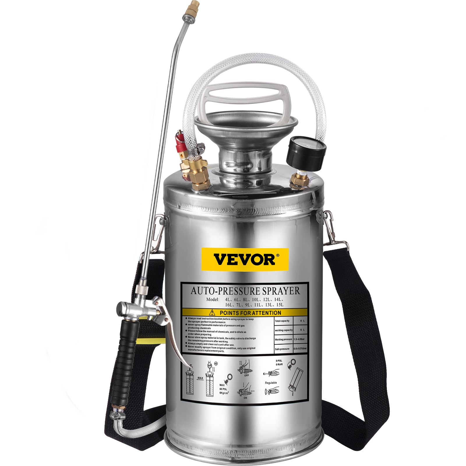 V952-PWQBXG6L000000001V0-202508012354-00 VEVOR 1.5Gal Stainless Steel Sprayer, Set with 16" Wand& Handle& 3.3FT Reinforced Hose, Hand Pump Sprayer with Pressure Gauge&Safety Valve, Adjustable Nozzle Suitable for Gardening& Sanitizing - Image 1