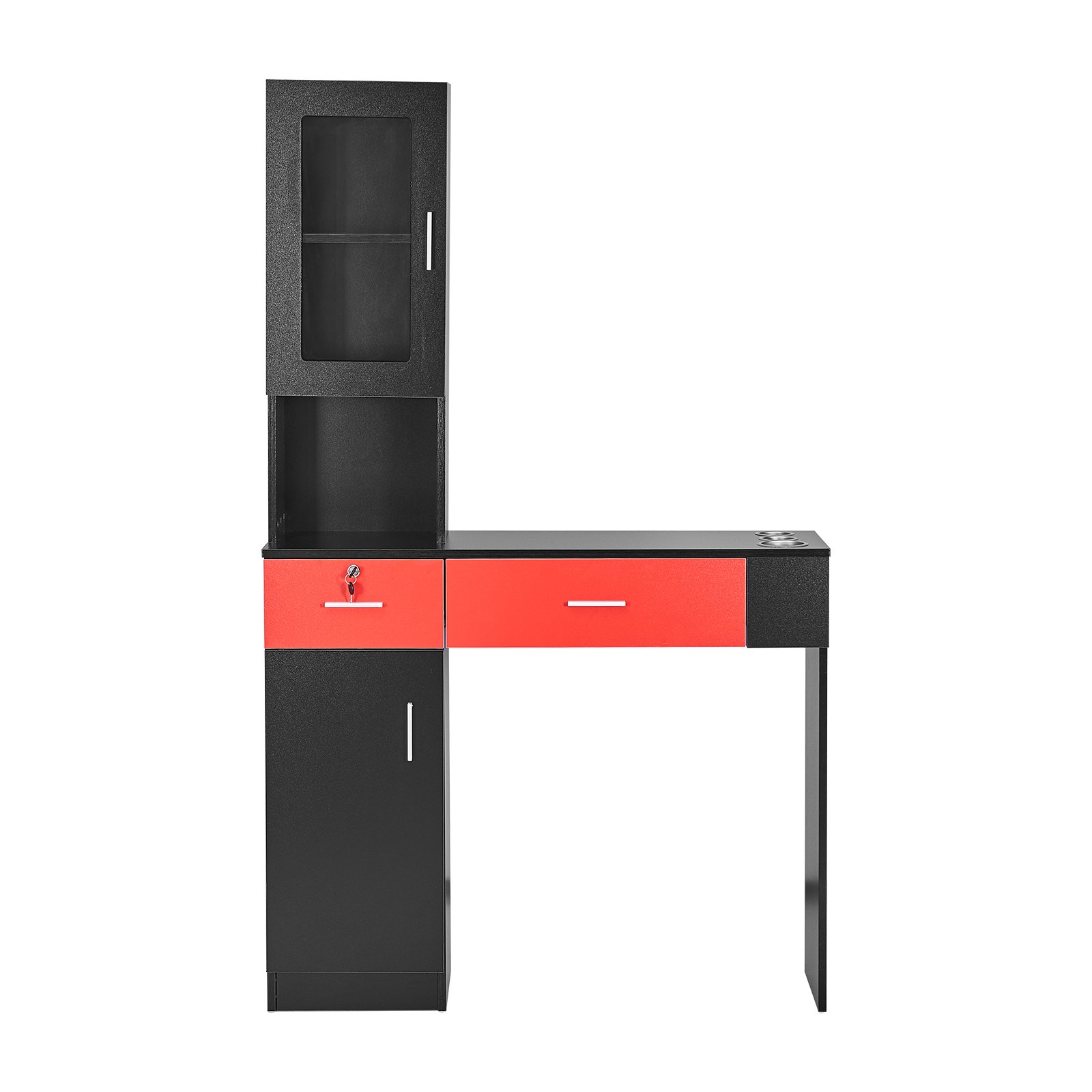 V952-SLJSLJJTZS002VRD7V0-202508011530-00 VEVOR Salon Station, Wall Mount Barber Salon Station for Hair Stylist, Beauty Spa Furniture Set, 1 Storage Cabinet, 3 Cubbies and 2 Drawers(One Lockable), Black and Red - Image 1