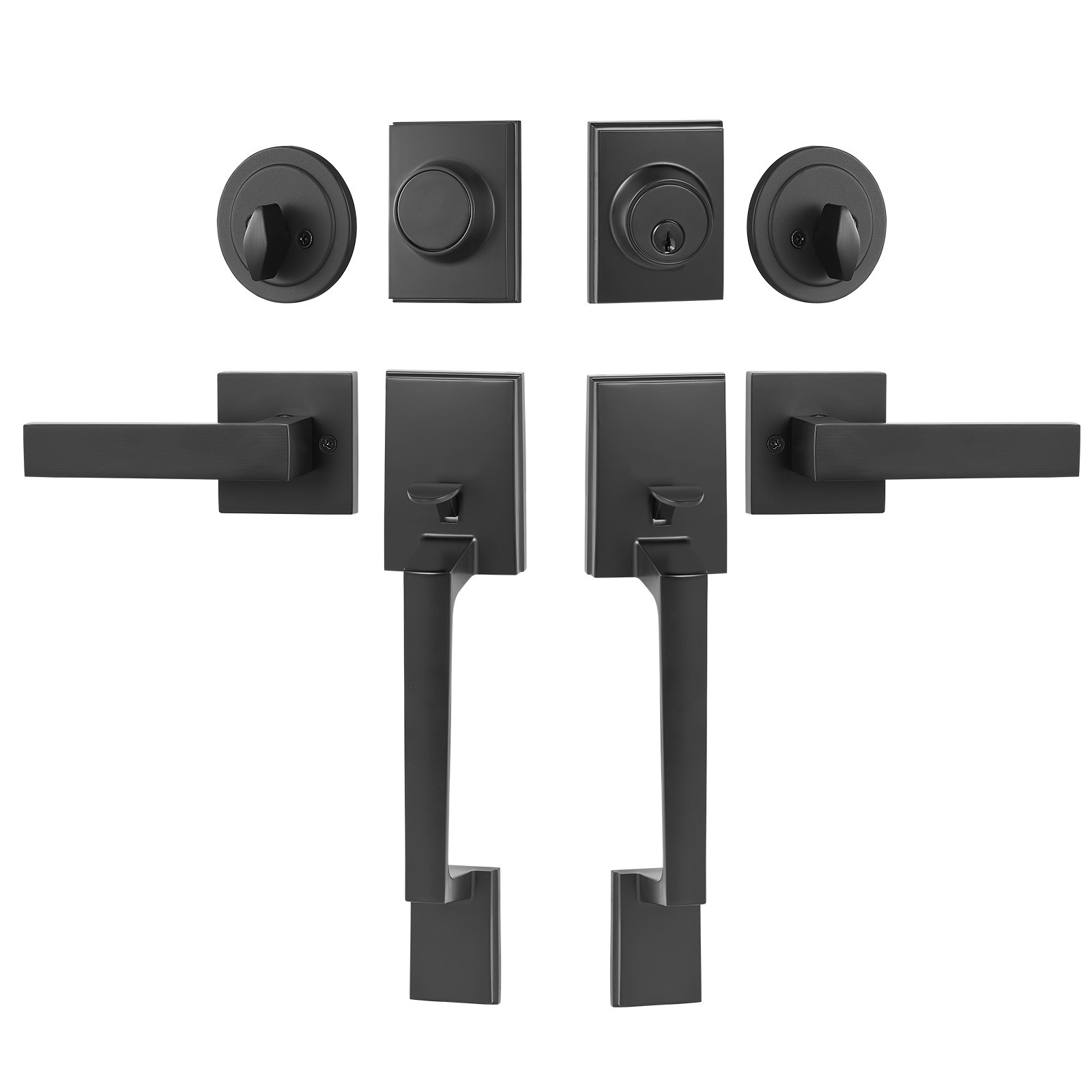 V952-SMSBYGHDSFXLKVAWEV0-202507141518-00 VEVOR Double Door Handle Set, Matte Black Square Door Lever, Heavy Duty Double Front Door Handle Set with Dummy, Double Door Lock Set with Reversible Handle Lever, for Front Door or Office Door - Image 1