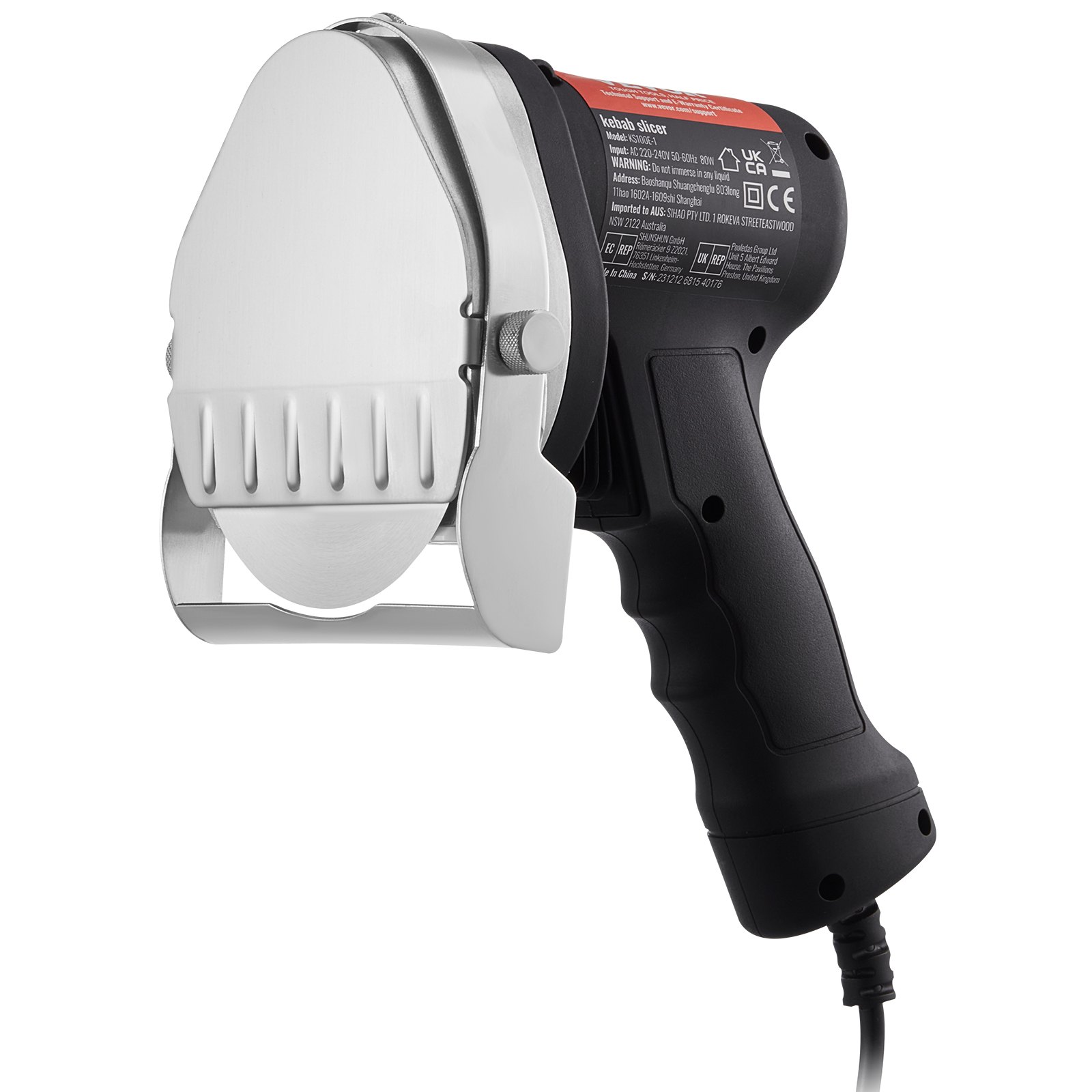 V952-TEQKRD80WYBDC31TVV3-202508012330-00 VEVOR Electric Shawarma Knife, 80W Professional Turkish Kebab Knife, Commercial Stainless Steel Gyro Cutter, Doner Kebab Meat Slicer with 2 Blades, 100mm Blade Diameter, 0-8mm Adjustable Thickness - Image 1