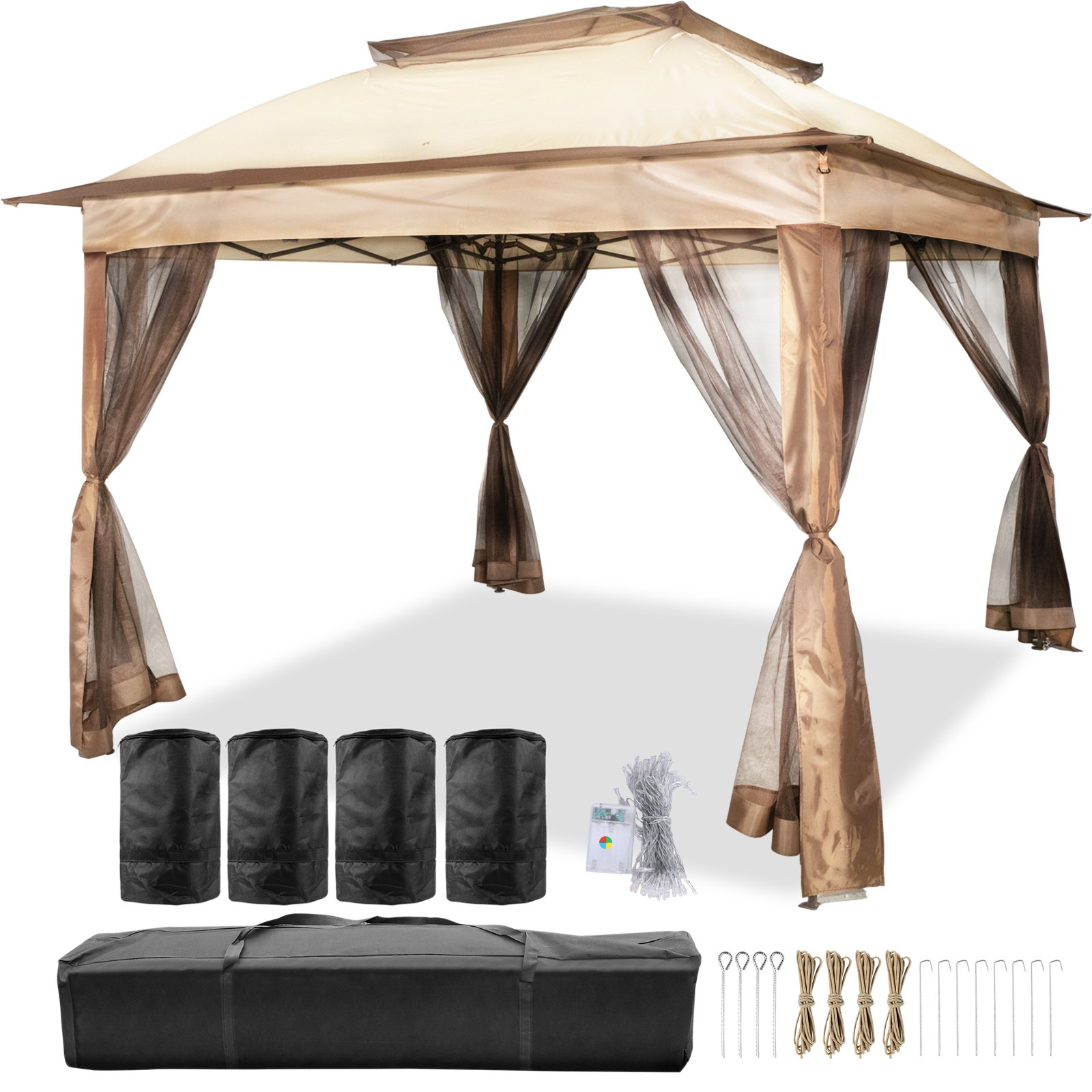 V952-ZYP33MX33MSDZD1V0-202507141632-00 VEVOR Outdoor Canopy Gazebo Tent, Portable Canopy Shelter with 11'x11' Large Shade Space for Party, Backyard, Patio Lawn and Garden, 4 Sandbags, Carrying Bag and Netting Included, Brown - Image 1