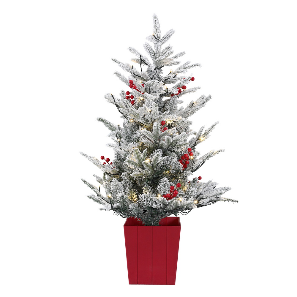 XM-TR-3FT-GS-LED-POT-202509042108-00 Jingle Jollys Christmas Tree 1M LED Potted Xmas Party Decor Red Barries Flocked - Image 1